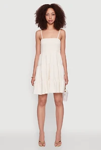 Womens Madden Girl Linen Tiered Sundress with Smocked Square Neck, Beige, Size L