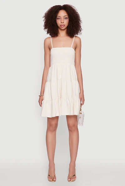 Womens Madden Girl Linen Tiered Sundress with Smocked Square Neck, Beige, Size L