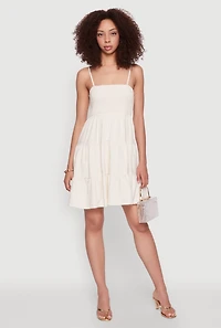 Womens Madden Girl Linen Tiered Sundress with Smocked Square Neck, Beige, Size XL