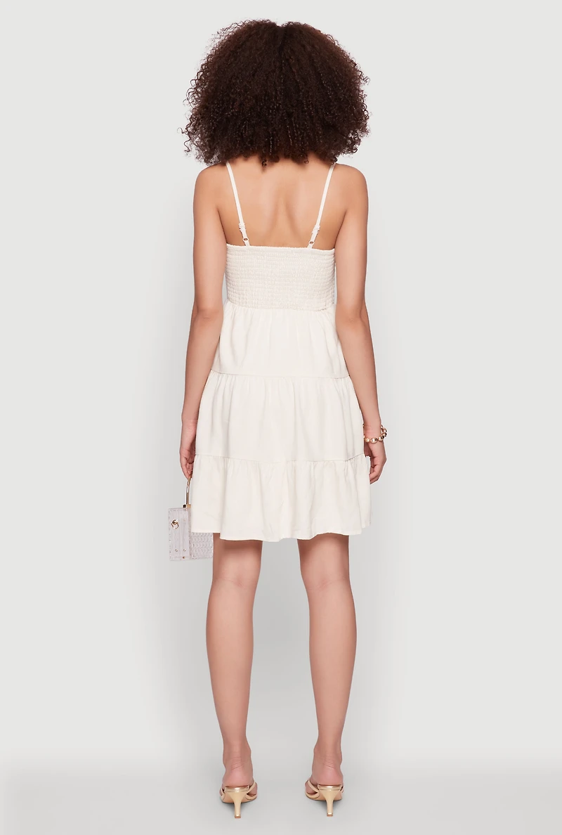 Womens Madden Girl Linen Tiered Sundress with Smocked Square Neck, Beige, Size L