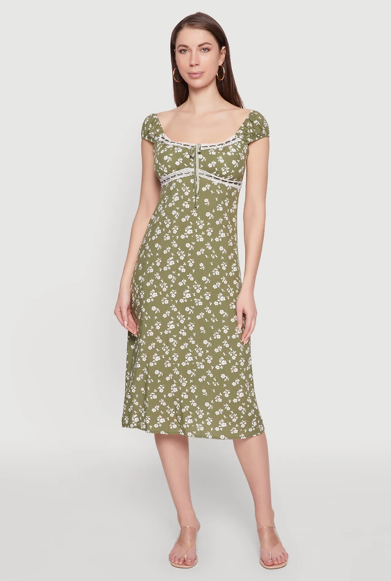 Womens Madden Girl Ditsy Floral Sundress with Lace Details, Green,