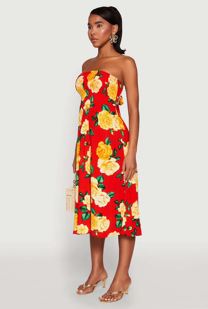 Womens Almost Famous Floral Print Smocked Midi Dress, Multi, Size S