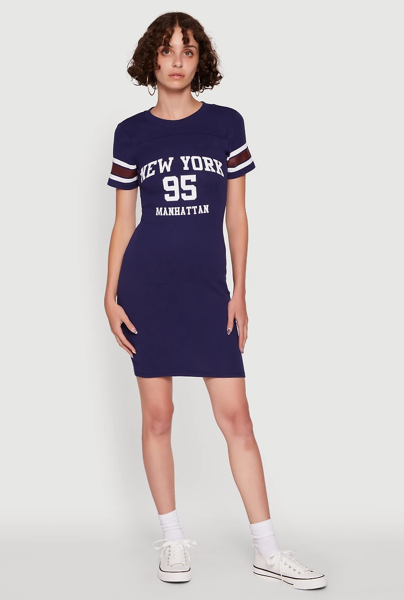 Womens Manhattan New York 95 Graphic T Shirt Dress, Blue,