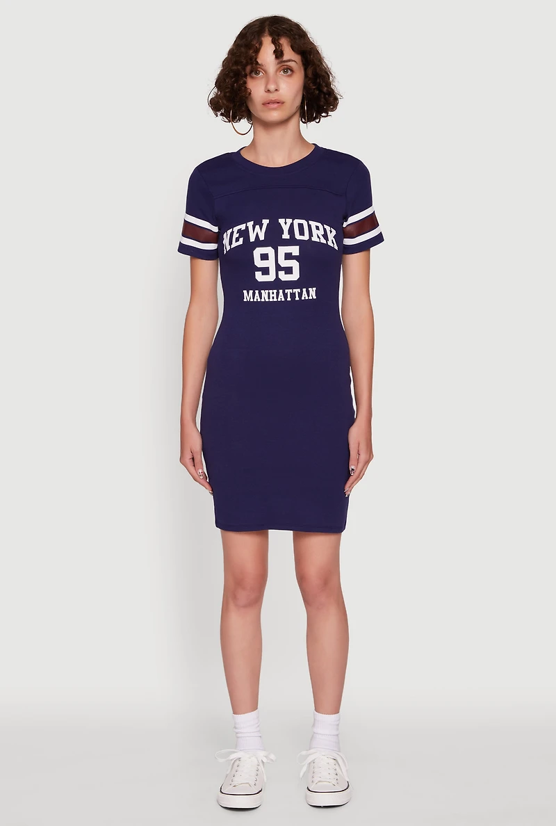 Womens Manhattan New York 95 Graphic T Shirt Dress, Blue, Size XL