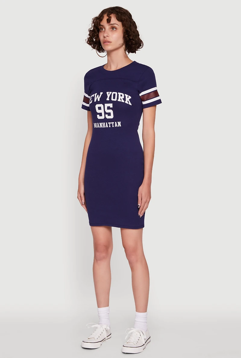 Womens Manhattan New York 95 Graphic T Shirt Dress, Blue,