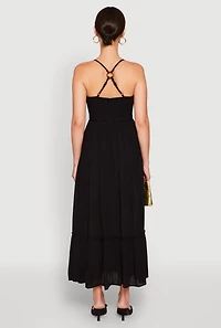 Womens Almost Famous Smocked O Ring Tiered Maxi Dress, Black,
