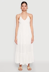 Womens Almost Famous Smocked O Ring Tiered Maxi Dress, White, Size S