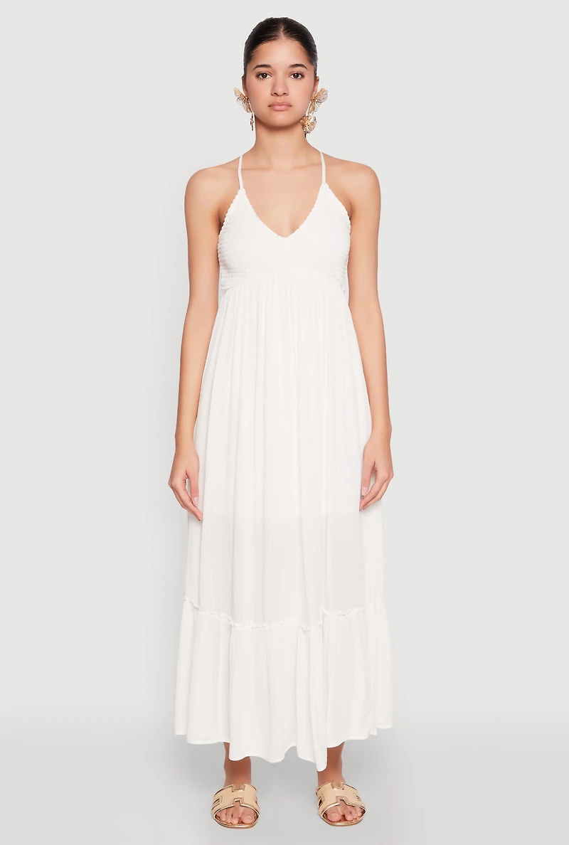 Womens Almost Famous Smocked O Ring Tiered Maxi Dress, White,