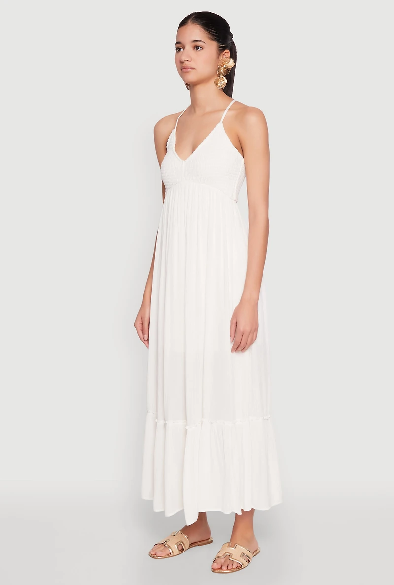Womens Almost Famous Smocked O Ring Tiered Maxi Dress, White,