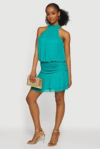 Mesh Tie Back Halter Neck Ruffle Tiered Dress