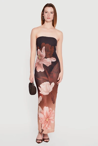 Floral Mesh Strapless Maxi Dress with Built-In Bodysuit