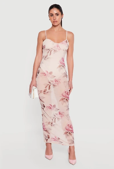 Floral Mesh Bustier Maxi Dress with Built-In Bodysuit