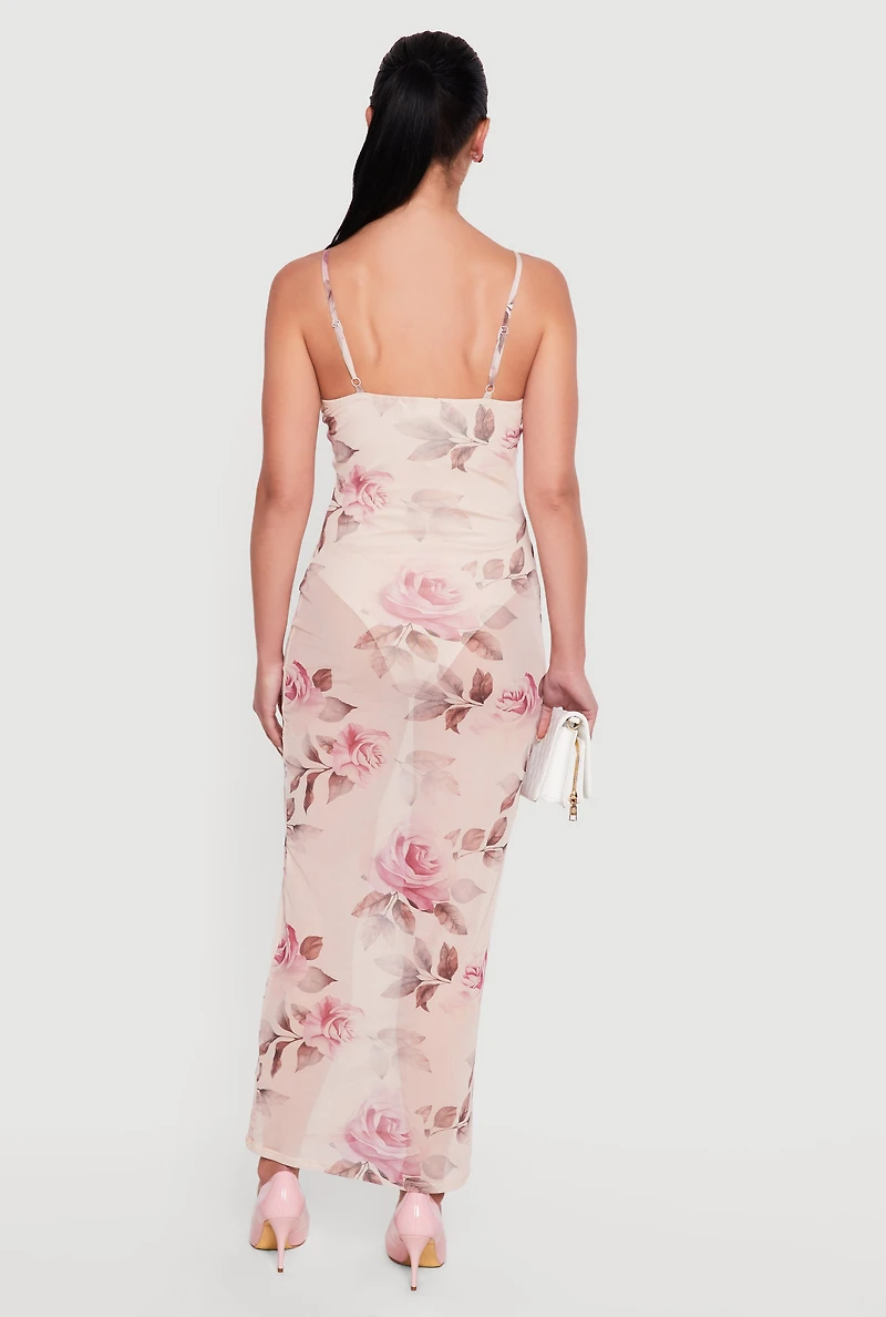 Floral Mesh Bustier Maxi Dress with Built-In Bodysuit