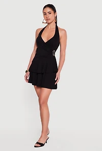Faux Wrap Halter Mini Dress with Metallic Detail