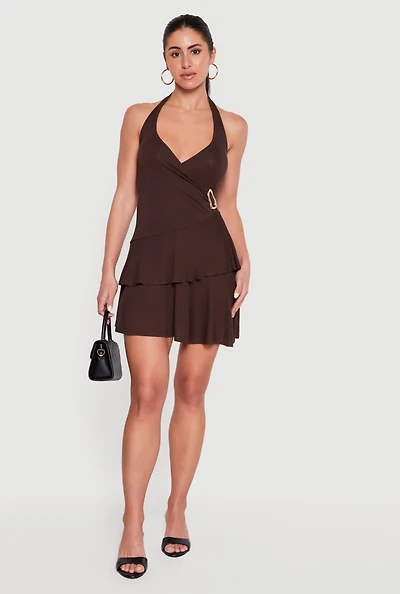 Faux Wrap Halter Mini Dress with Metallic Detail