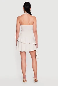 Faux Wrap Halter Mini Dress with Metallic Detail