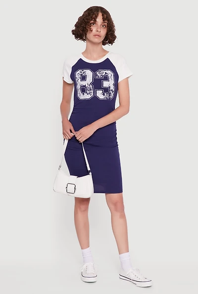 83 Graphic Raglan Sleeve Ruched Side T-Shirt Dress