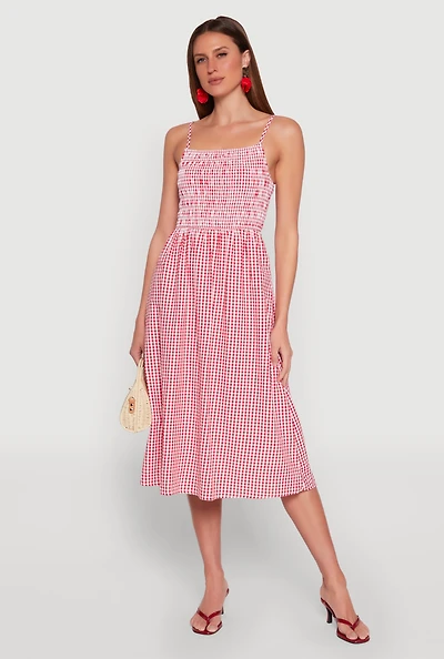 Womens Almost Famous Cut Out Back Gingham Dress, Red, Size L