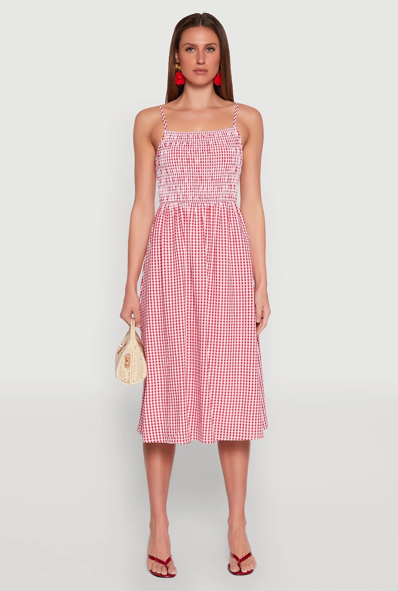 Womens Almost Famous Cut Out Back Gingham Dress, Red, Size L