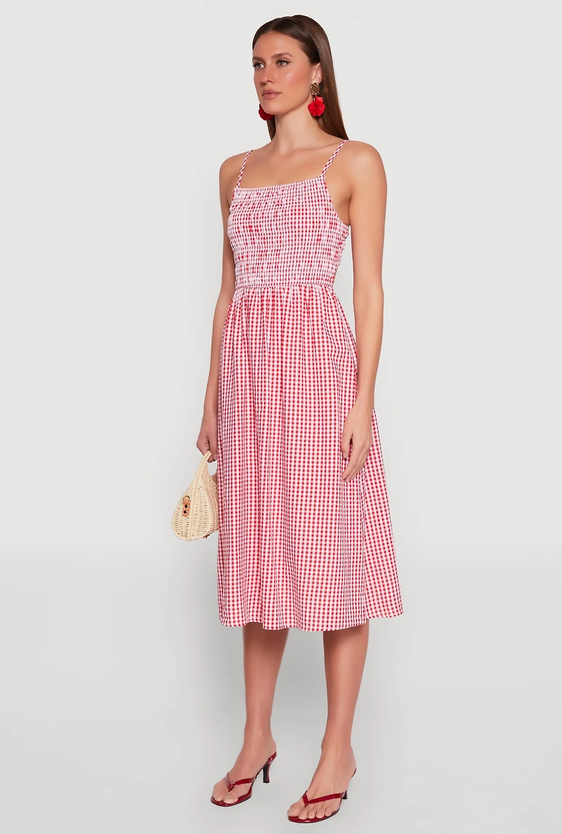 Womens Almost Famous Cut Out Back Gingham Dress, Red, Size L