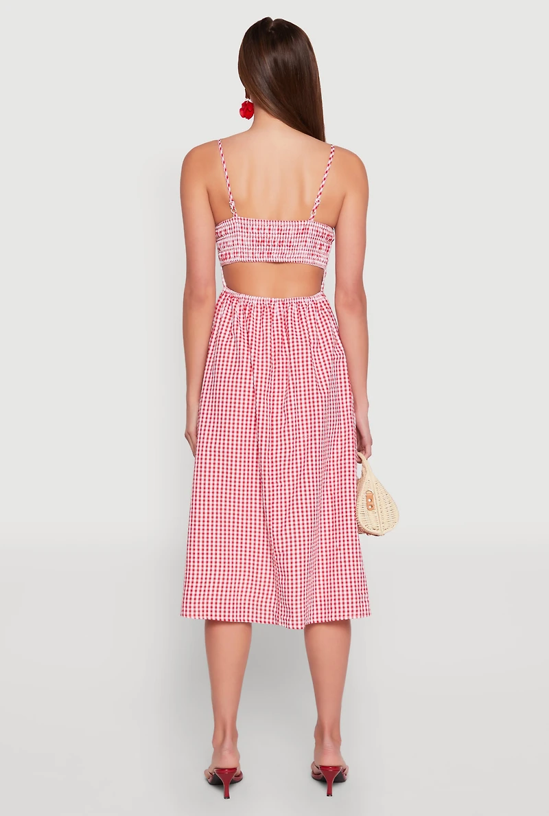 Womens Almost Famous Cut Out Back Gingham Dress, Red, Size L