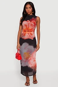 Almost Famous Floral Mesh Ruched Side Sleeveless Maxi Dress