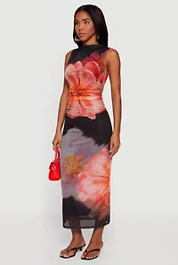 Almost Famous Floral Mesh Ruched Side Sleeveless Maxi Dress