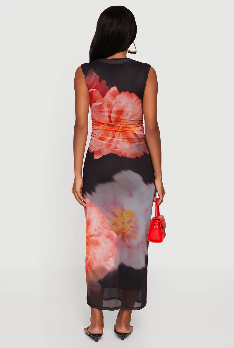 Almost Famous Floral Mesh Ruched Side Sleeveless Maxi Dress