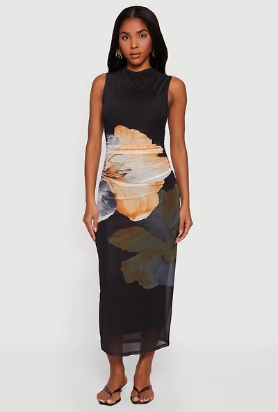 Almost Famous Floral Mesh Ruched Side Dress