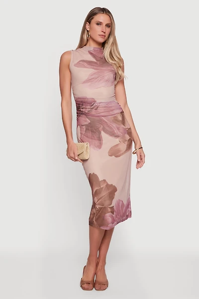 Almost Famous Floral Mesh Ruched Side Dress