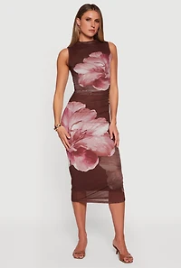 Almost Famous Floral Mesh Ruched Side Dress