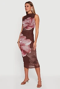 Almost Famous Floral Mesh Ruched Side Dress
