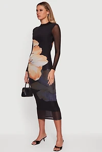 Patterned Mesh Keyhole Open Back Maxi Dress