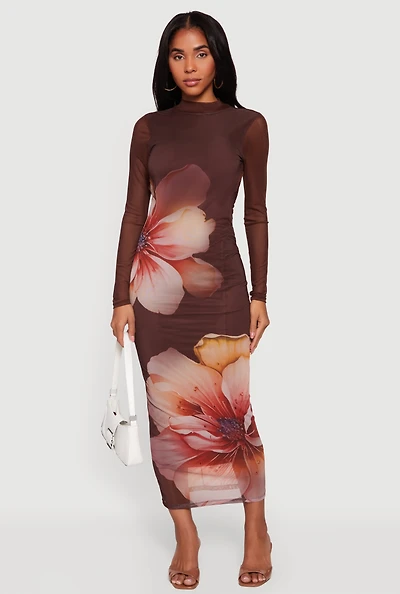 Patterned Mesh Keyhole Open Back Maxi Dress