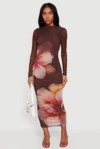 Patterned Mesh Keyhole Open Back Maxi Dress
