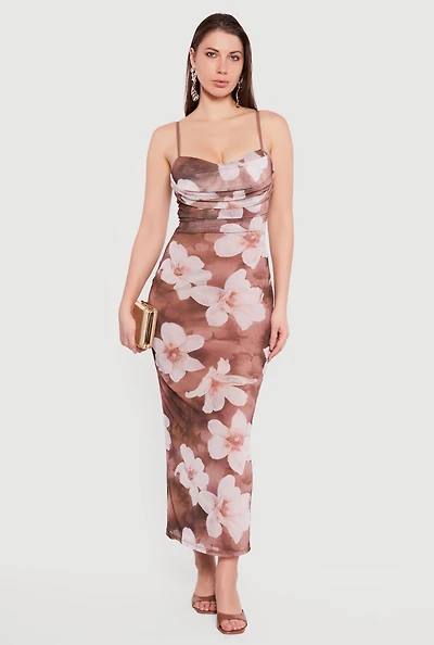 Floral Mesh Overlay Cowl Neck Maxi Dress