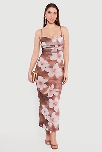 Floral Mesh Overlay Cowl Neck Maxi Dress