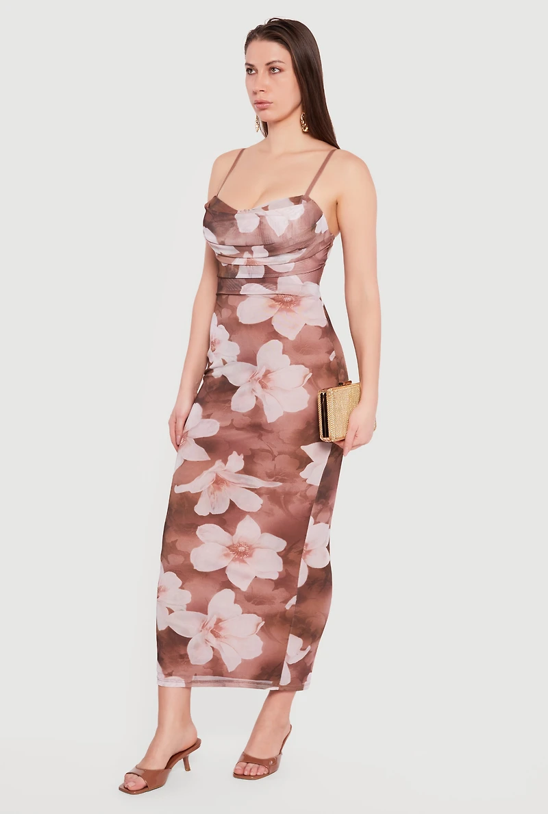 Floral Mesh Overlay Cowl Neck Maxi Dress