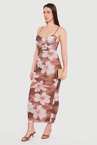 Floral Mesh Overlay Cowl Neck Maxi Dress