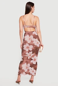 Floral Mesh Overlay Cowl Neck Maxi Dress