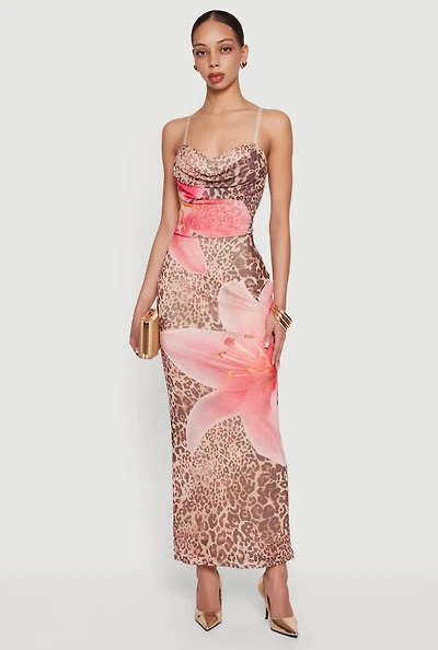 Almost Famous Floral Animal Print Mesh Cowl Neck Dress