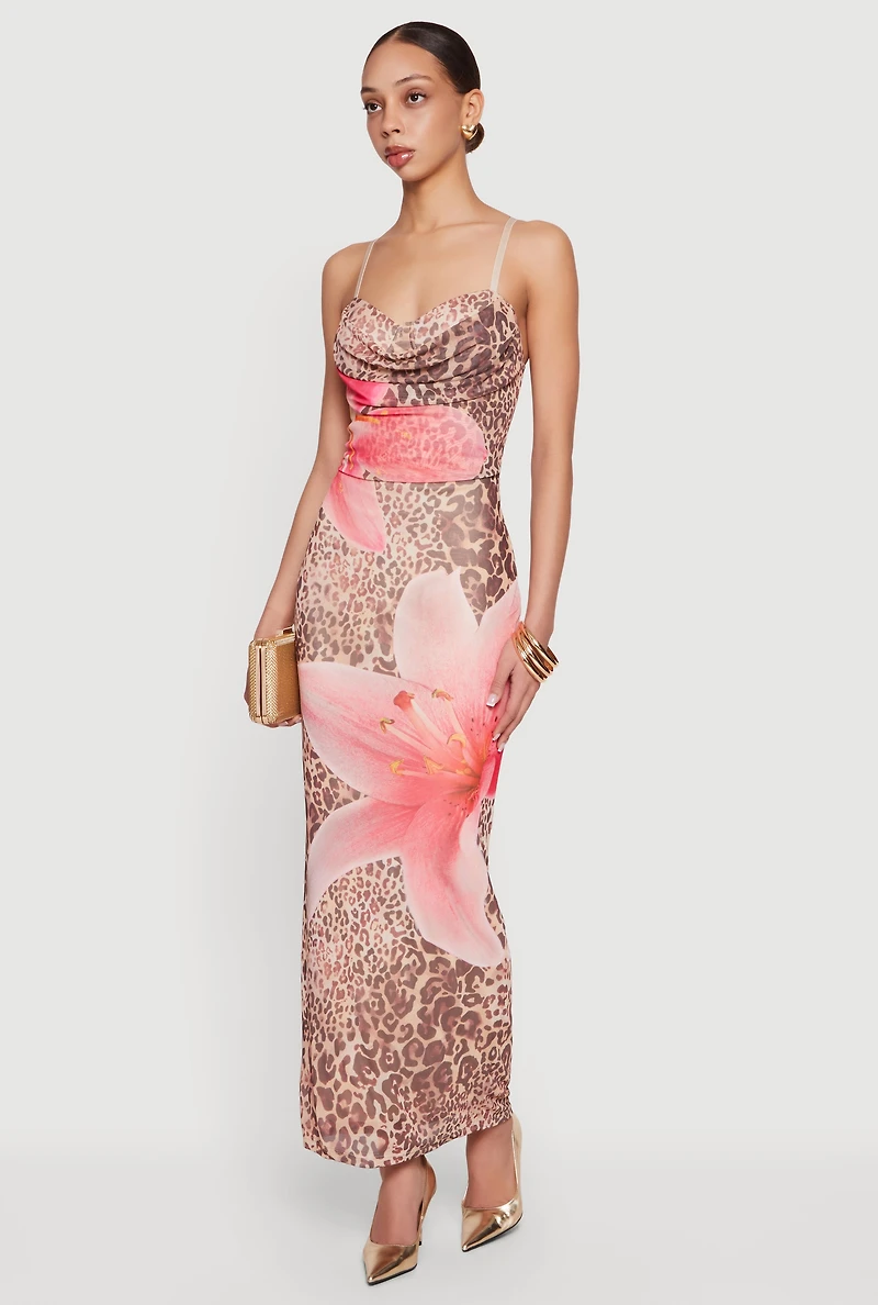 Almost Famous Floral Animal Print Mesh Cowl Neck Dress