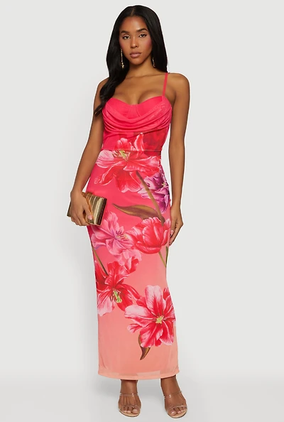 Almost Famous Sweetheart Cowl Neck Floral Bustier Dress