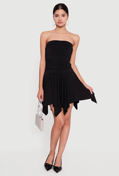 Strapless Ruched Dress with Handkerchief Hem
