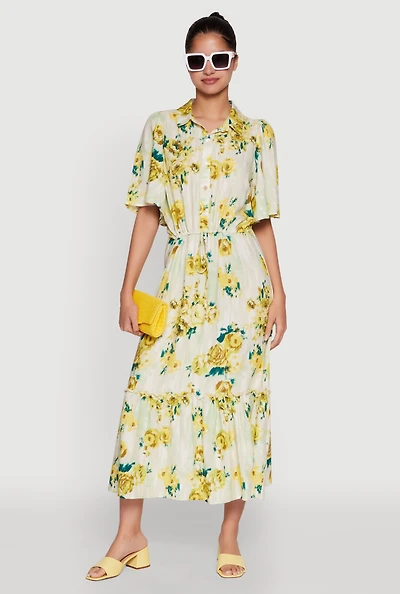 Floral Print Tiered Shirt Dress with Flounce Sleeves