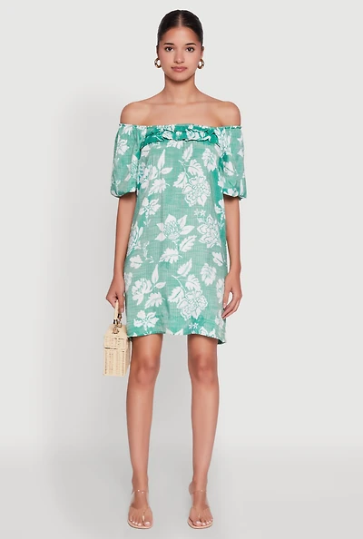 Womens Floral Off Shoulder Bubble Sleeve Shift Dress with Ruffles, Green, Size M