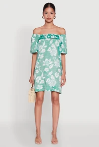 Womens Floral Off Shoulder Bubble Sleeve Shift Dress with Ruffles, Green, Size M