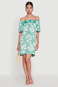 Womens Floral Off Shoulder Bubble Sleeve Shift Dress with Ruffles, Green, Size M