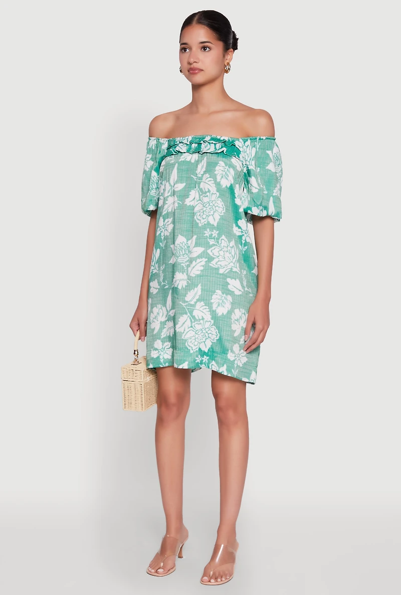 Womens Floral Off Shoulder Bubble Sleeve Shift Dress with Ruffles, Green, Size M