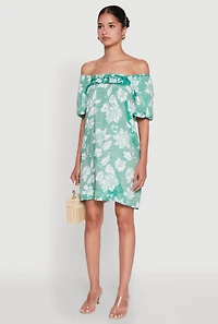 Womens Floral Off Shoulder Bubble Sleeve Shift Dress with Ruffles, Green, Size M